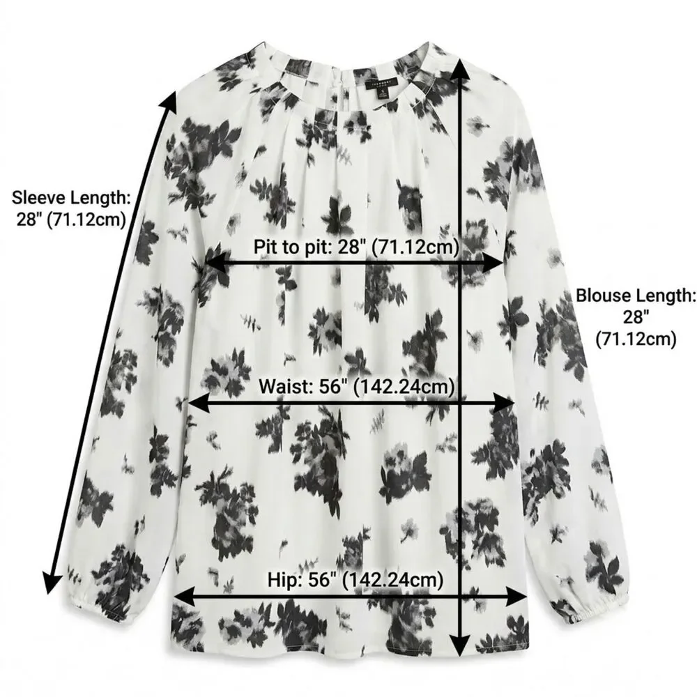 Ann Taylor XXL White Black Watercolor Floral Pleated Neck Long Sleeve Blouse